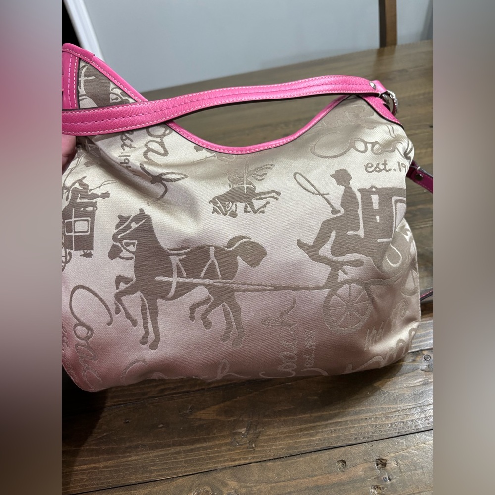 Coach Horse and Carriage Signature Sateen Jacquard Hobo Bag w/ Pink Trim - Picture 3 of 9